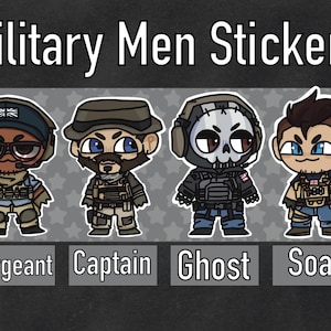 May include: A sheet of stickers featuring cartoon illustrations of military figures. The stickers include characters labeled Sergeant, Captain, Ghost, and Soap. The text "Military Men Stickers" is at the top.