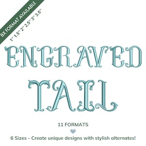 May include: A teal embroidered font design displaying the words "ENGRAVED TAIL" in a decorative style. The image includes text indicating multiple formats and sizes available for unique designs.