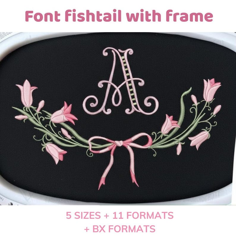 Fishtail Monogram With Bow Embroidery Font BX 6 Sizes 11 Formats ...