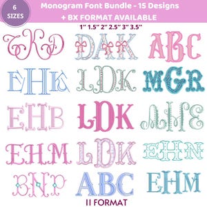 Paquete de fuentes de monogramas: 15 diseños de alfabeto festoneado con enredadera de cola de pez, letras con apliques y puntada satinada, megapack de fuentes de bordado BX PES DST
