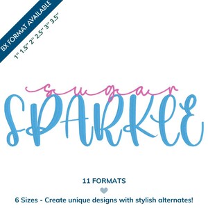 May include: A graphic design with the word "SPARKLE" in large, light blue cursive letters, and "sugar" in pink above. The image also includes text indicating multiple formats and sizes for unique designs.