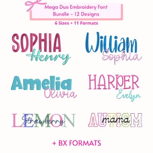 Mega Duo Embroidery Font Bundle, 12 Fonts for Custom Name Overlay, Block and Script Alphabet for Boutique Sweatshirts, BX Font