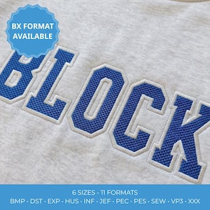 Puede incluir: Un fondo de tela gris claro con la palabra BLOCK bordada en una fuente azul, texturizada y llamativa con un borde blanco. Una insignia circular azul en la esquina superior izquierda contiene el texto blanco BX FORMAT AVAILABLE.