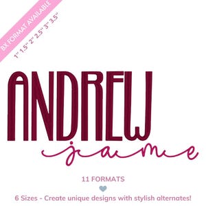 Op de afbeelding: Een witte achtergrond met de naam "ANDREW" in een vetgedrukte, bordeauxrode lettertype boven de naam "jaimie" in een cursief, roze lettertype. Tekst bovenaan luidt "BX FORMAT AVAILABLE" met maatopties. Extra tekst bevat "11 FORMATS" en "6 Sizes - Create unique designs with stylish alternates!"