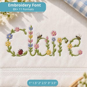 May include: An embroidery design featuring the name Claire spelled out in green vines, colorful flowers, a ladybug, and bees. The text Embroidery Font BX+ 11 Formats and the sizes 1 inch, 1.5 inches, 2 inches, 2.5 inches, 3 inches, and 3.5 inches are visible.