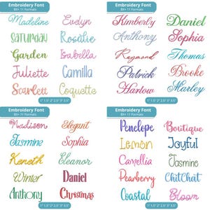 May include: A digital display of embroidery font samples in various colors and cursive styles. Each section includes the text Embroidery Font BX+ 11 Formats and size labels 1 inch, 1.5 inches, 2 inches, 2.5 inches, 3 inches, and 3.5 inches.