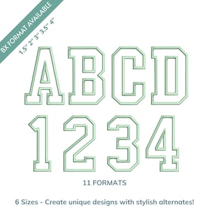 May include: Green embroidered letters and numbers A, B, C, D, 1, 2, 3, and 4. The text "BX FORMAT AVAILABLE" and sizes 1.5", 2", 3", 3.5", and 4" are in the upper left corner. The text "11 FORMATS" is below the numbers.