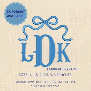 May include: Blue embroidery font with the letters LDK and a bow design. The text "EMBROIDERY FONT" is below the letters. Sizes available are 1, 1.5, 2, 2.5, 3, and 3.5 inches. The image also states "BX FORMAT AVAILABLE".
