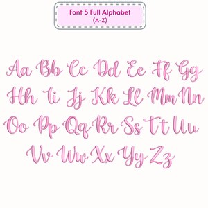 May include: A complete alphabet in a pink, cursive font. The letters A to Z are shown in a neat, organized layout. The text "Font 5 Full Alphabet (A-Z)" is at the top in a pink rectangle.