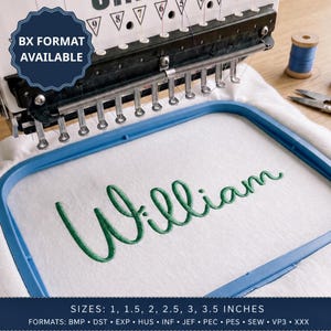 William Script 刺繍フォント、Embrilliance 用 Bx フォント、クリーンな筆記体名前フォント、サテンステッチアルファベット、即時ダウンロード
