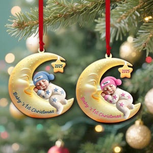 Baby On Moon First Christmas, Personalized Newborn Gift, Moon & Star Newborn Baby Sleeping, Christmas Gift 2025 For Baby, Baby Gift Idea