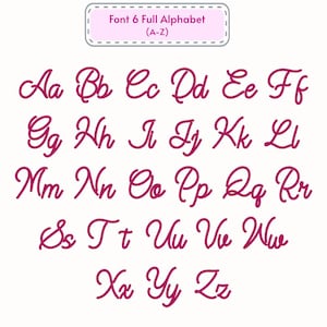May include: A complete cursive alphabet in a grid layout, with letters in a deep magenta hue against a white backdrop. The text "Font 6 Full Alphabet (A-Z)" is displayed at the top of the image.