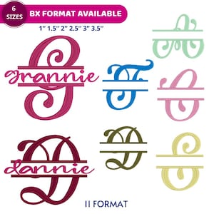 May include: A collection of monogram designs in various colors, including pink, blue, green, and gold. The designs feature letters with horizontal bars for personalization. Text includes "6 SIZES", "BX FORMAT AVAILABLE", and size measurements in inches.