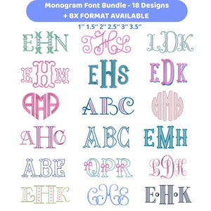 May include: A collection of 18 monogram font designs in various styles and colors. The image includes the text "Monogram Font Bundle - 18 Designs + BX FORMAT AVAILABLE" and sizes ranging from 1" to 3.5" in height. The fonts are in various colors.