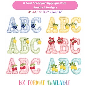 Bunt med applikationstypsnitt med frukt, monogramset med spetskant, sommarfrukt i ginghamstil, alfabetet med citron, jordgubb och körsbär, BX Emb-typsnitt