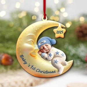 Baby’s First Christmas Ornament – Custom 3D Moon Acrylic Keepsake, Personalized Newborn Gift, Unique Holiday Decoration, Baby Gift Idea