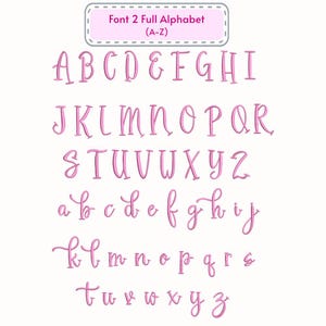 May include: A complete alphabet in a pink, handwritten font. Uppercase and lowercase letters are arranged in rows, with the text "Font 2 Full Alphabet (A-Z)" at the top. The letters are set against a white background.