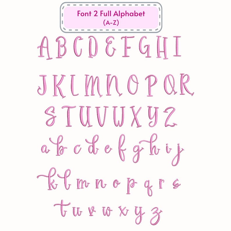 May include: A complete alphabet in a pink, handwritten font. Uppercase and lowercase letters are arranged in rows, with the text "Font 2 Full Alphabet (A-Z)" at the top. The letters are set against a white background.