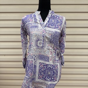 Women’s Purple Patchwork Tunic Top | Boho Printed Kurti Style Blouse | Long Sleeve Casual Ethnic Top | Lightweight Indo Western Top