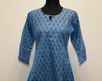 Blue Cotton Tunic | Women’s 3/4 Sleeve Kurti | Handmade Boho Top | Lightweight Summer Clothing