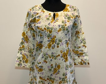 Floral Cotton Tunic | Women’s 3/4 Sleeve Kurti | Handmade Boho Top | Summer Ethnic Clothing