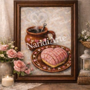 May include: A framed painting depicts a brown mug with hearts, a heart-shaped pastry on a plate, and steam rising. The painting is set on a wooden shelf with a vase of pink roses and a lit candle.