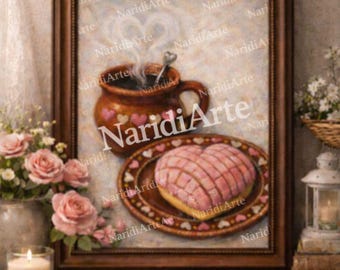 May include: A framed painting depicts a brown mug with hearts, a heart-shaped pastry on a plate, and steam rising. The painting is set on a wooden shelf with a vase of pink roses and a lit candle.