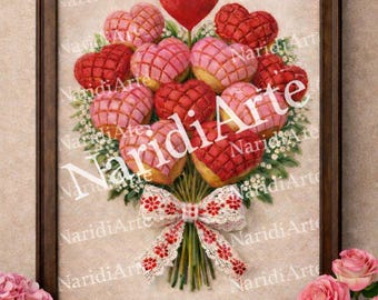 Impresión romántica de San Valentín mexicano: ramo de pan dulce de Concha, perfecto para la decoración del hogar mexicano o arte de pared de San Valentín.