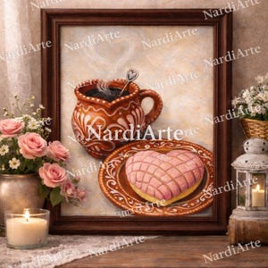 Puede incluir: Pintura enmarcada que representa una taza de café con una cuchara en forma de corazón y un pastel en forma de corazón sobre un plato. La obra de arte está en tonos cálidos, con una estética rústica. Firmada "NardiArte".