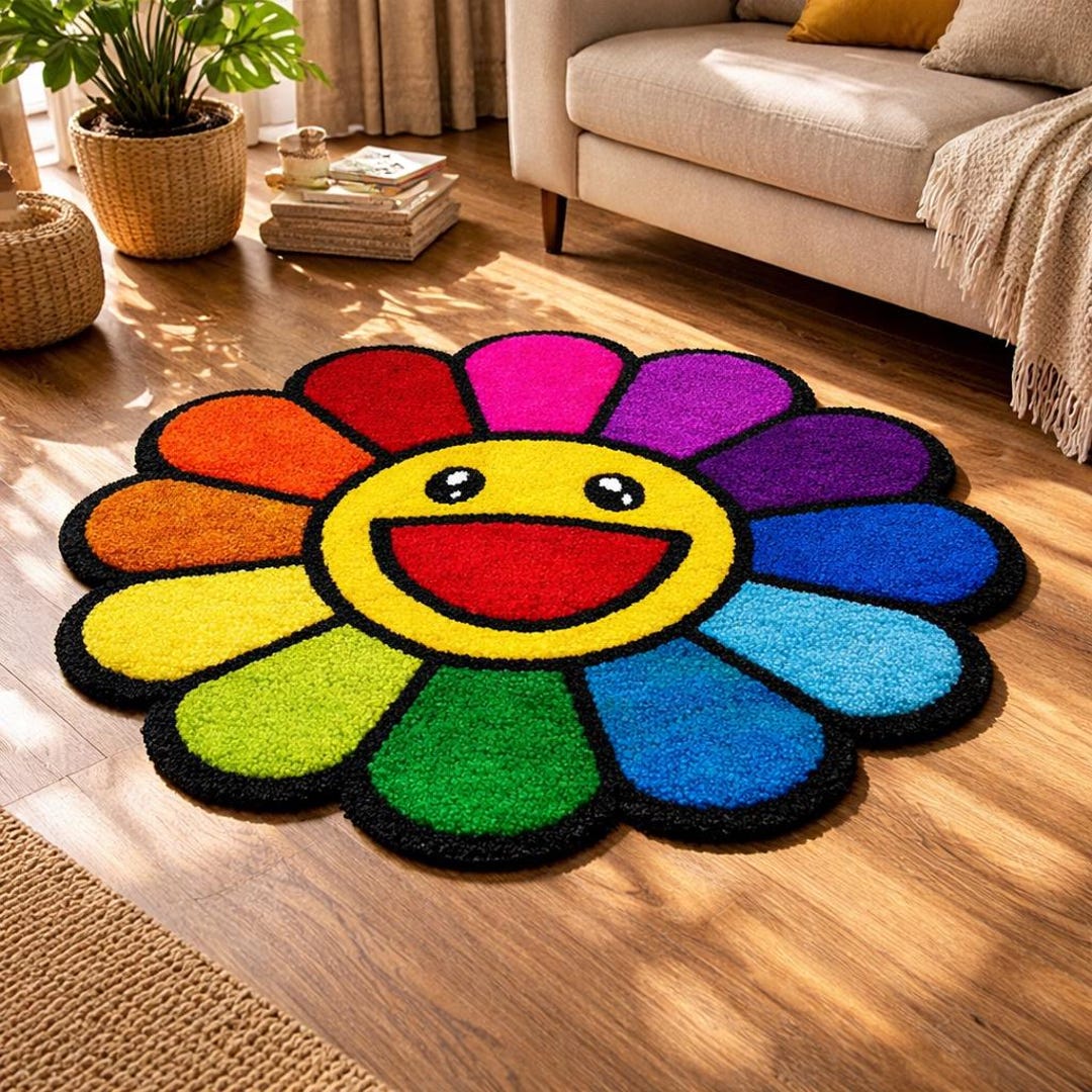 Greetings Rug Handmade Smiley Flower Area Rug – Colorful Rainbow Tufted Carpet - Etsy