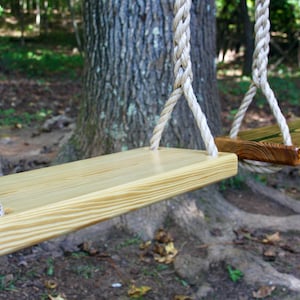 May include: Two wooden swings with natural rope hangers are suspended from a tree. One swing is light-colored, the other is stained a darker brown. The swings are rectangular with rounded edges, perfect for outdoor fun.