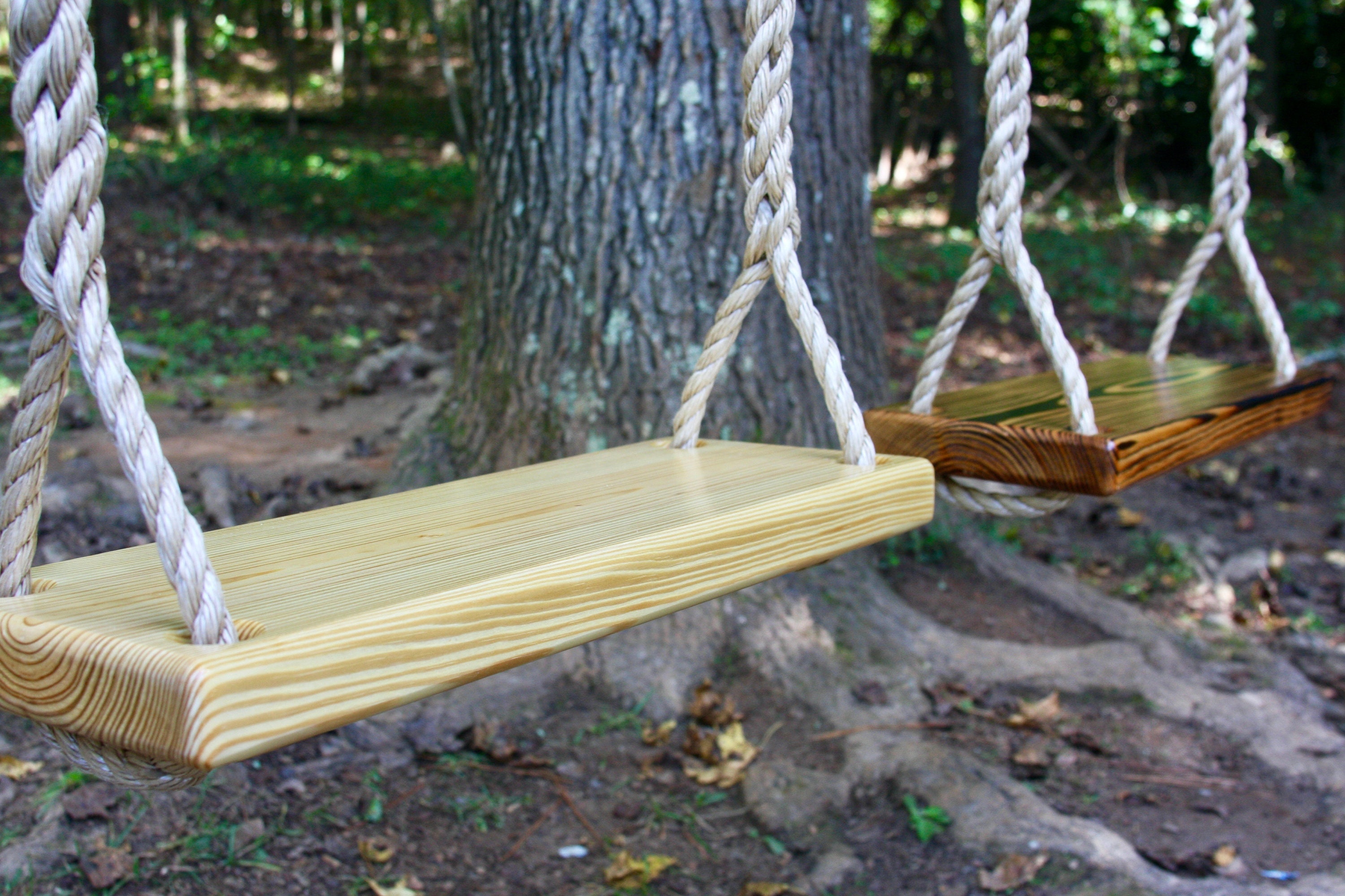 Handcrafted Wooden Tree Swing, Natural or Charred, Rope Included