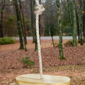 May include: A wooden swing with a natural finish hangs from a thick, off-white rope. The swing seat is oval-shaped and suspended in front of a blurred forest background. The rope is knotted at the top and bottom.