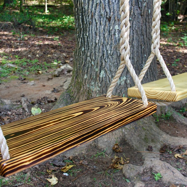 Handcrafted Large Adult Wooden Tree Swing, Natural or Charred Finish, Rope Included