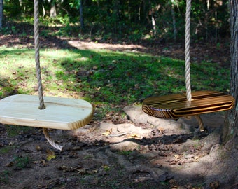 Handcrafted Wooden Disc Tree Swing, Natural or Charred, Rope Included