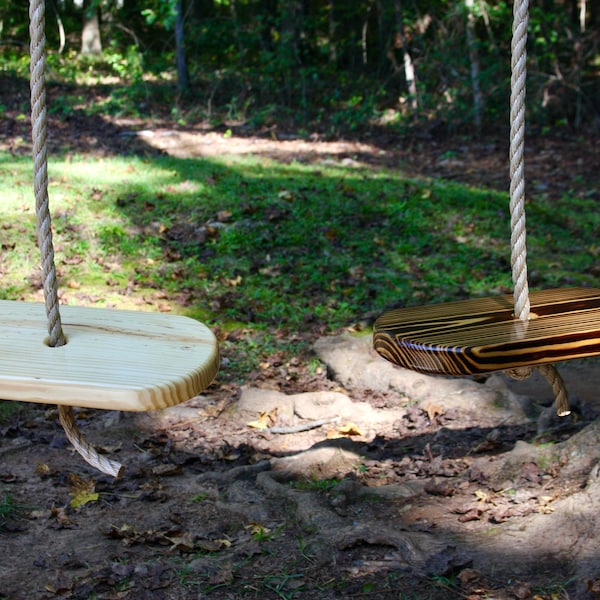 Handcrafted Wooden Disc Tree Swing, Natural or Charred, Rope Included