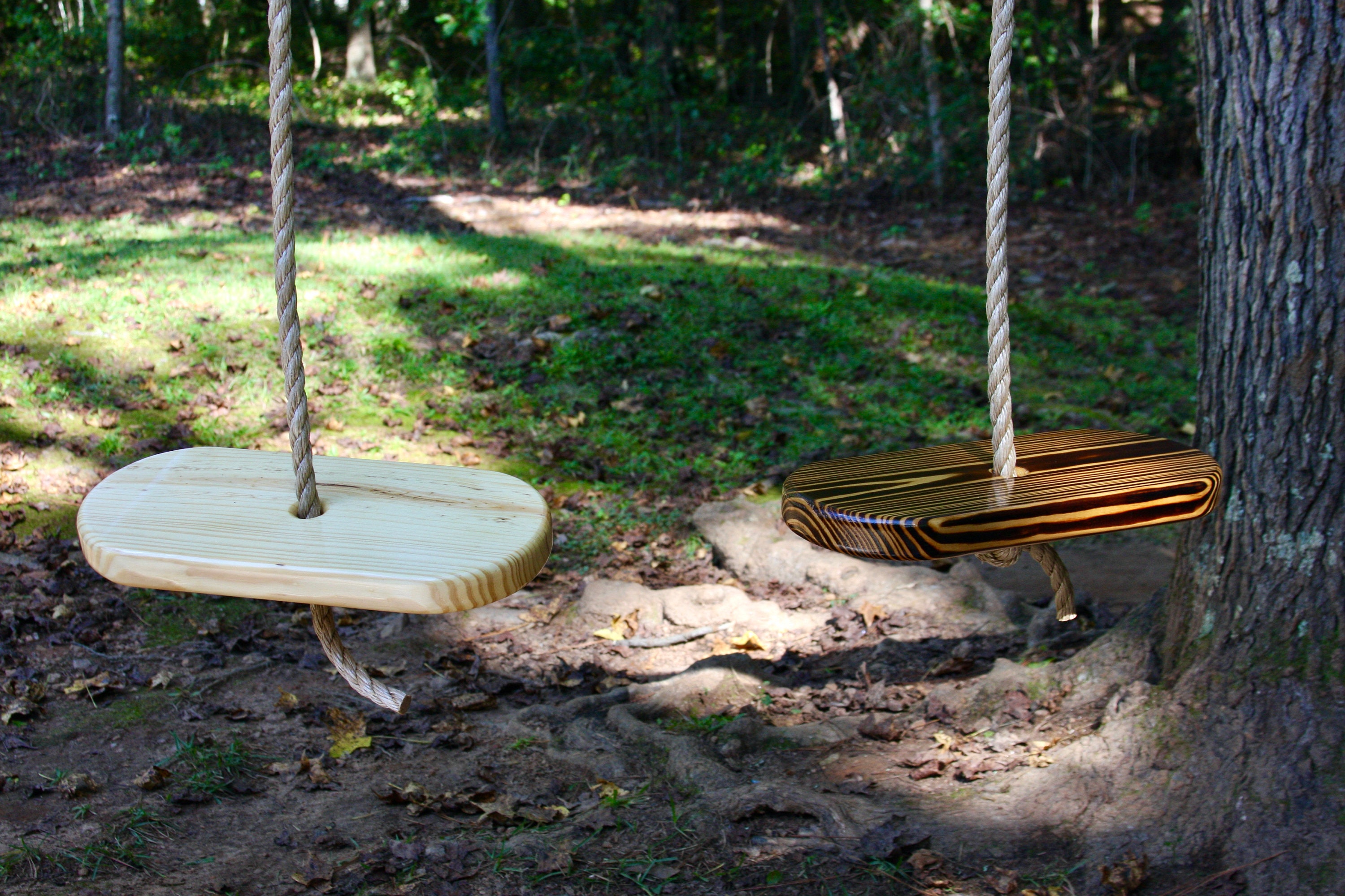 Handcrafted Wooden Disc Tree Swing, Natural or Charred, Rope