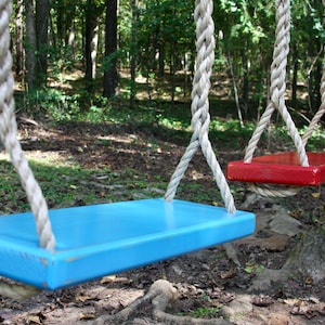 May include: Two wooden swing seats hanging from tree branches. The swing seat on the left is painted blue and the swing seat on the right is painted red.
