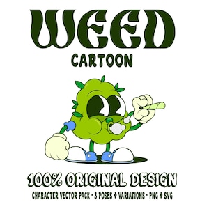 Puede incluir: Ilustración de dibujos animados con un personaje de cogollo de cannabis verde con un chupete, sosteniendo un porro encendido. La imagen incluye el texto "WEED CARTOON" y "100% ORIGINAL DESIGN".