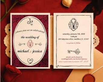 May include: Wedding invitation in burgundy and cream. The design includes the names "Michael & Jessica" and event details. Decorative elements include keys, a lock, and ornate borders. The invitation is set against a red background.