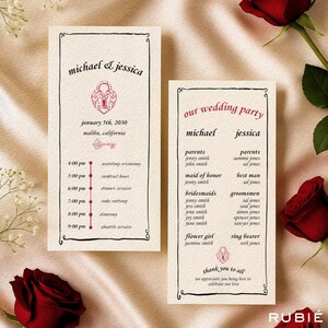 May include: Two wedding invitation cards with a cream background and black border. The left card lists the wedding date, time, and location. The right card lists the wedding party. Both cards have red accents and decorative elements.