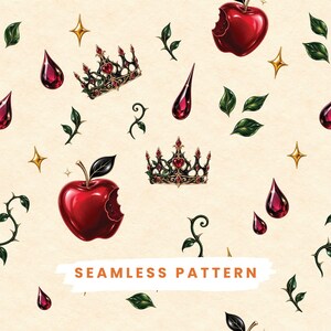 Puede incluir: Un patrón continuo con ilustraciones de manzanas rojas mordidas, coronas oscuras ornamentadas con detalles rojos, enredaderas espinosas de color verde oscuro, gotas rojas brillantes y pequeñas estrellas doradas de cuatro puntas sobre fondo crema.