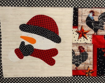 KIT - Farmhouse Chickens snowman mug rug. Finished size 7" x 10". Machine applique and sewing required