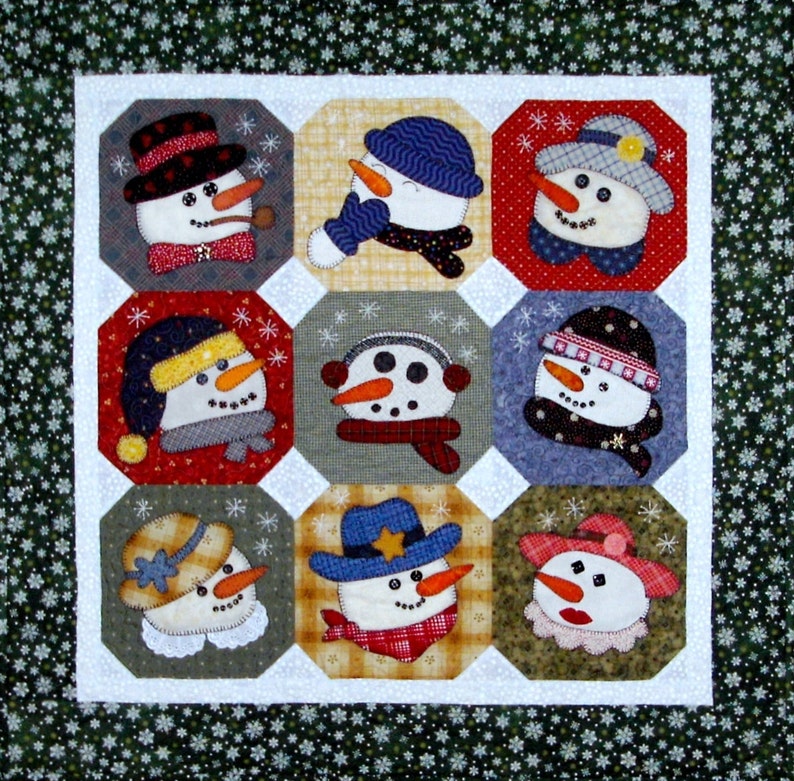 Digital Snowman Paper Dolls machine applique Quilt Pattern 32 1/2 square image 1