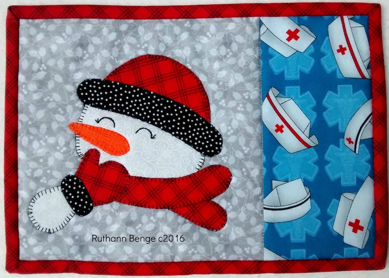 Digital Joyful Snowman Mug Rug Pattern, 7 x 10 finished. image 2