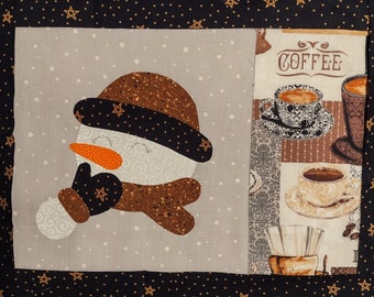 KIt - Coffee time snowman mug rug. Finished size 7" x 10".  Machine applique and sewing required