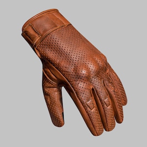 May include: A brown leather glove with perforated holes throughout the palm and fingers. The glove has a padded cuff and reinforced stitching. The leather has a slightly distressed appearance.