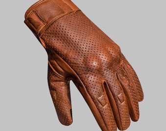 Men's Perforated Brown Leather Motorcycle Gloves for Riding High Strength Knuckle Protection