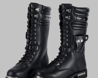 Men's Black Leather Biker Motorcycle Boots, High Ankle Riding Foottwear