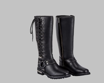 High Lace-Up Boots:Women's Low Heel Boots with Zipper | |Women Biker Long Boots with Laces|Gothic Combat Style